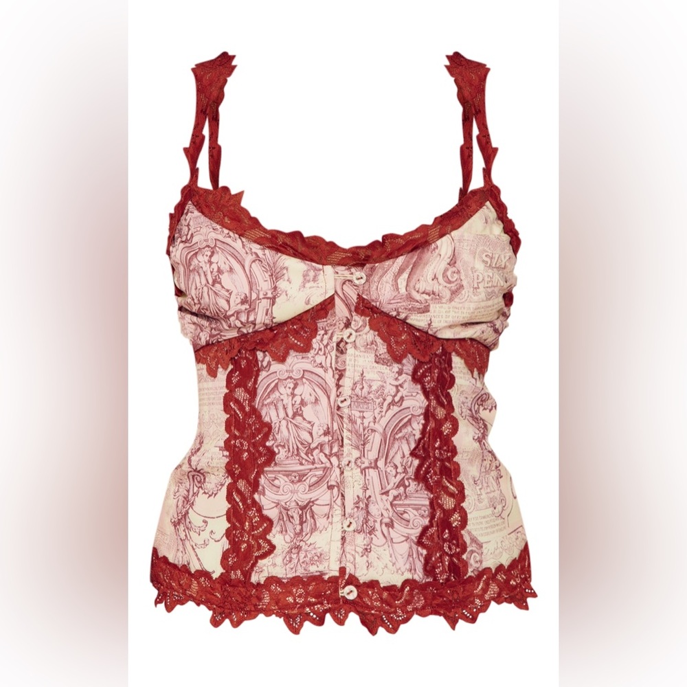 Pretty little Thing RUST RENAISSANCE PRINT LACE TRIM BUTTON CAMI